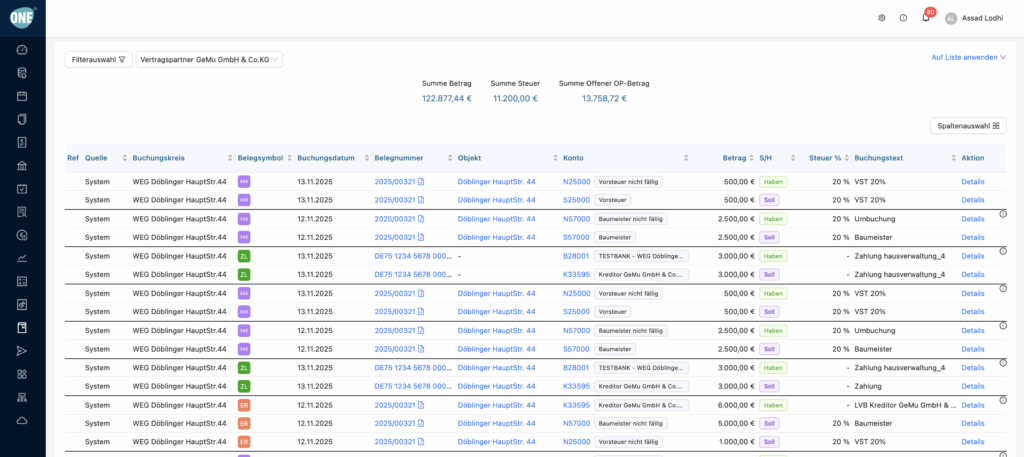 Buchungsjournal für E/A Buchung mit 2 Auszifferungen
