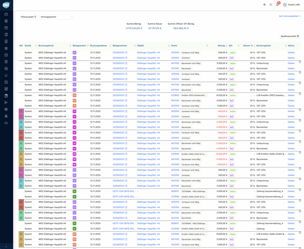 Buchungsjournal für E/A Buchung mit Storno und Korrektur