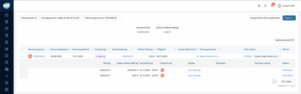 Offener Posten mit 2 Auszifferungen