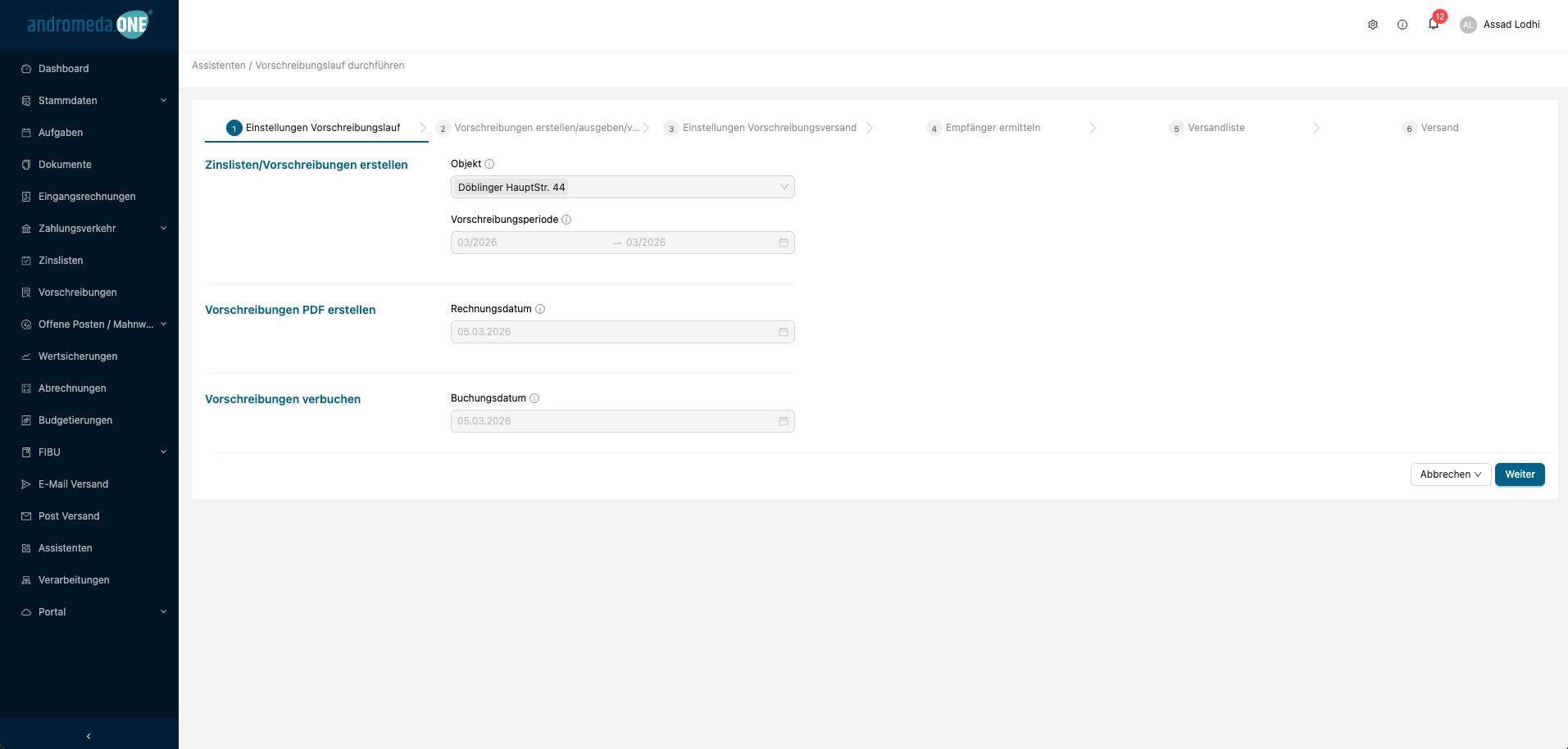 Schritt 1 Workflow Assistent Vorschreibungslauf