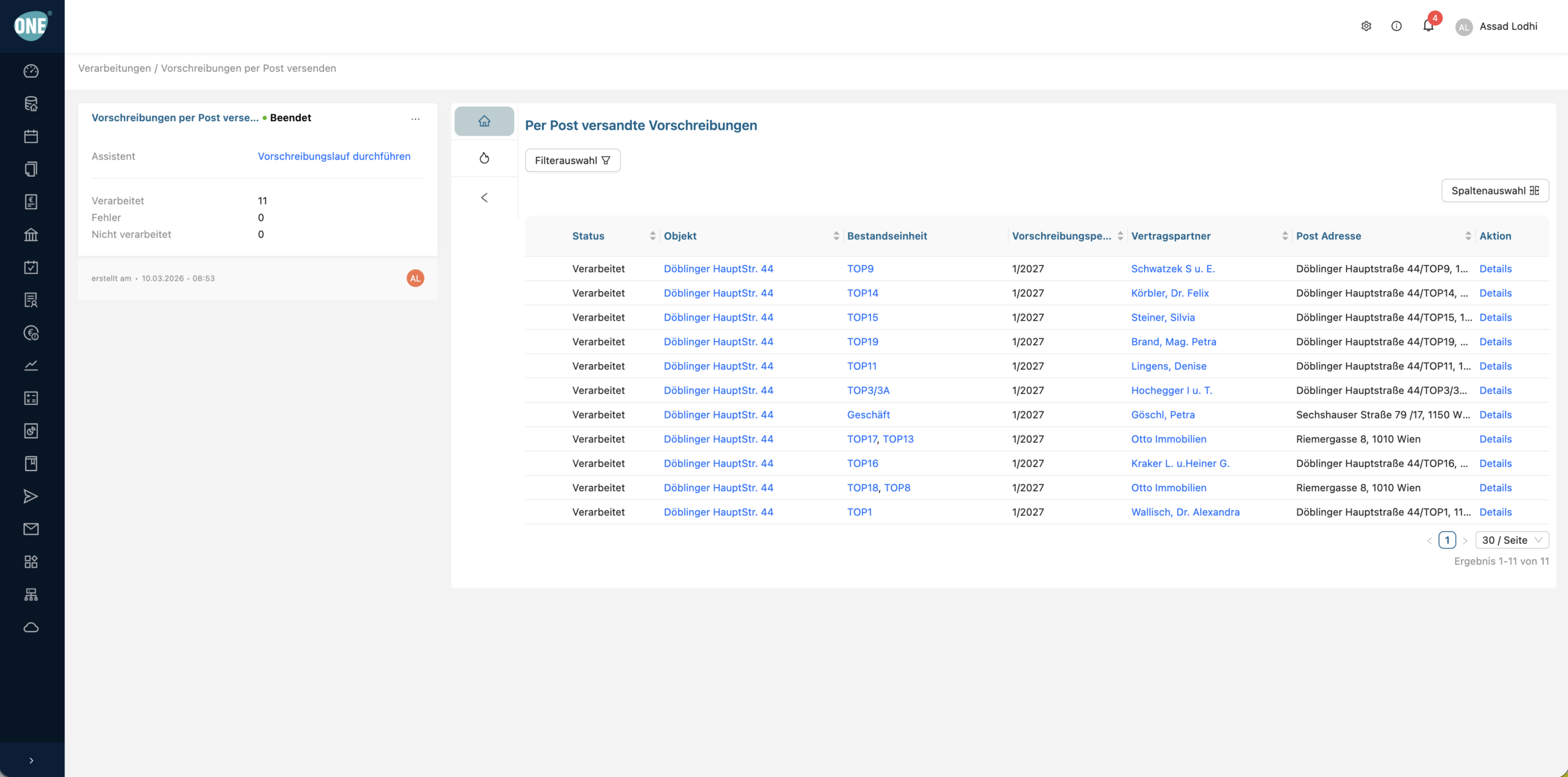 Detailseite der Verarbeitung per Postversand versandter Vorschreibungen