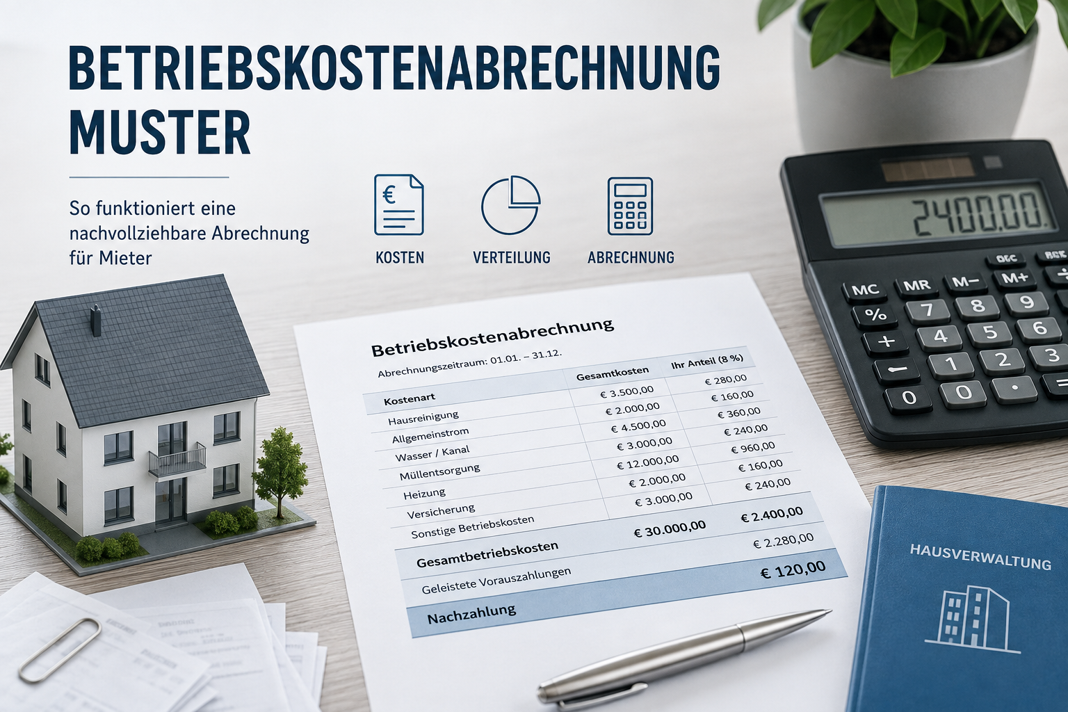 Betriebskostenabrechnung Muster mit Kosten&uuml;bersicht, Verteilung der Betriebskosten und Berechnung von Guthaben oder Nachzahlung