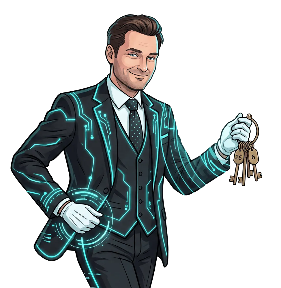 Mr. ONE &mdash; Butler im dunklen Anzug mit leuchtenden Schaltkreis-Linien, h&auml;lt einen Schl&uuml;sselbund