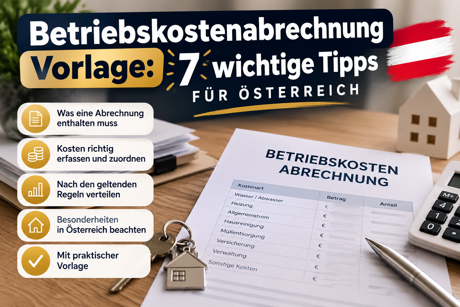 Betriebskostenabrechnung Vorlage für Österreich mit Kostenübersicht, Taschenrechner und Hausverwaltung